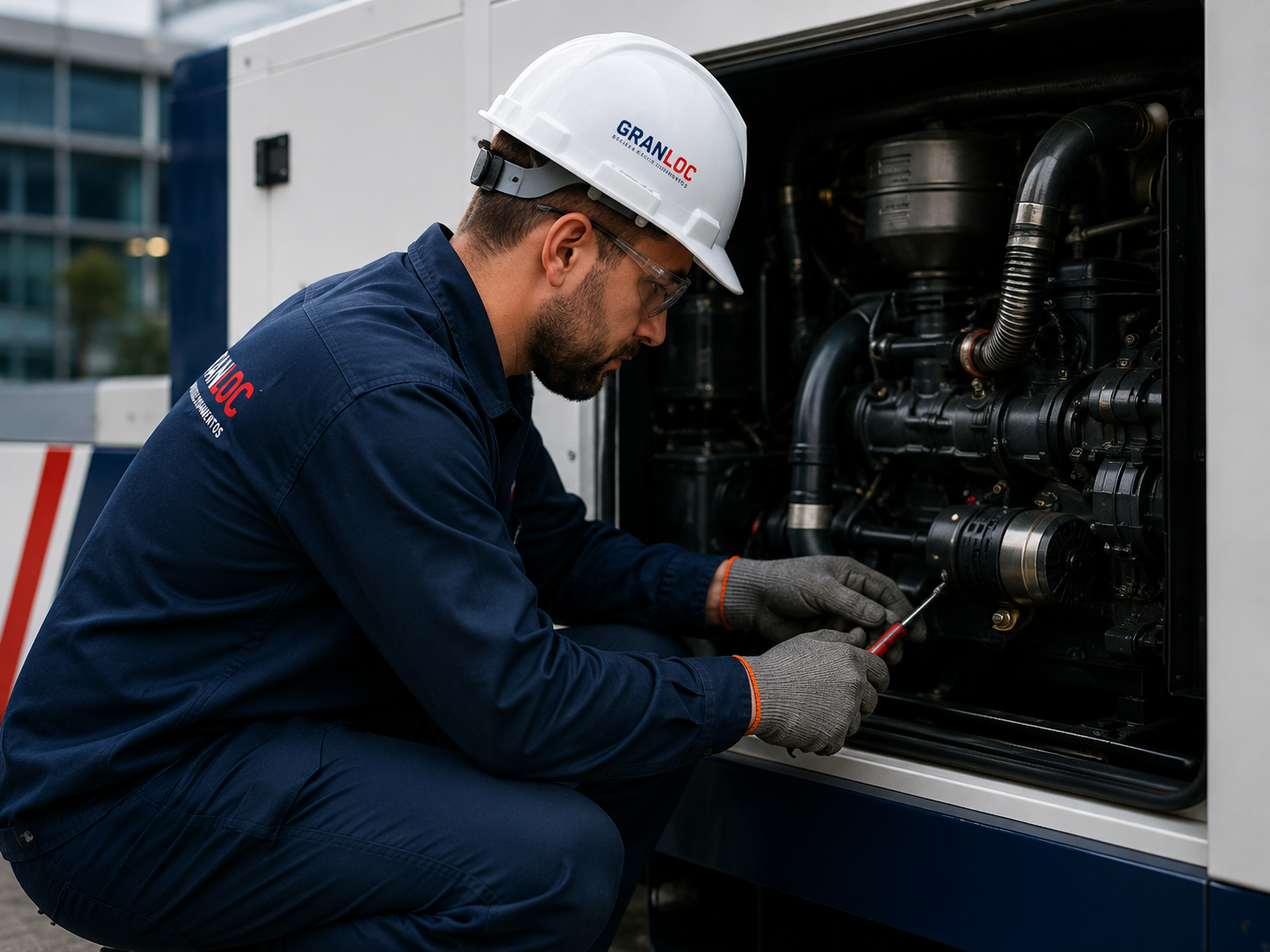 Técnico Gran Loc realizando manutenção em grupo gerador